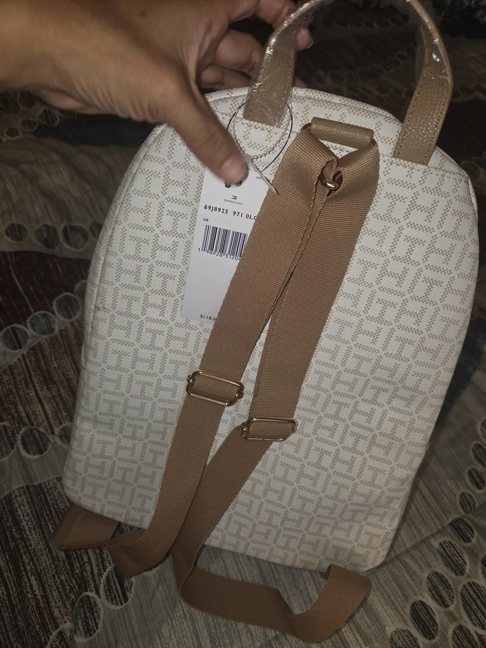 Tommy Hilfiger-Inspired White Monogram Backpack with Stripe